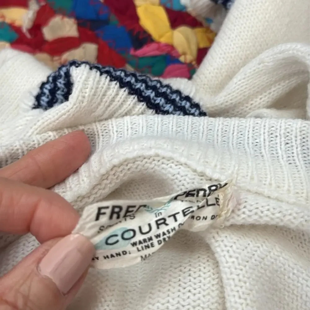 Vintage Fred Perry Ivory & Blue Cable Knit Pullover Preppy Crew Neck Sweater